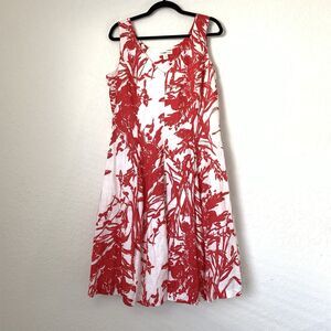 Coldwater Creek Dress Women 12 White Red Floral 100% Linen Pleated Beach Coastal